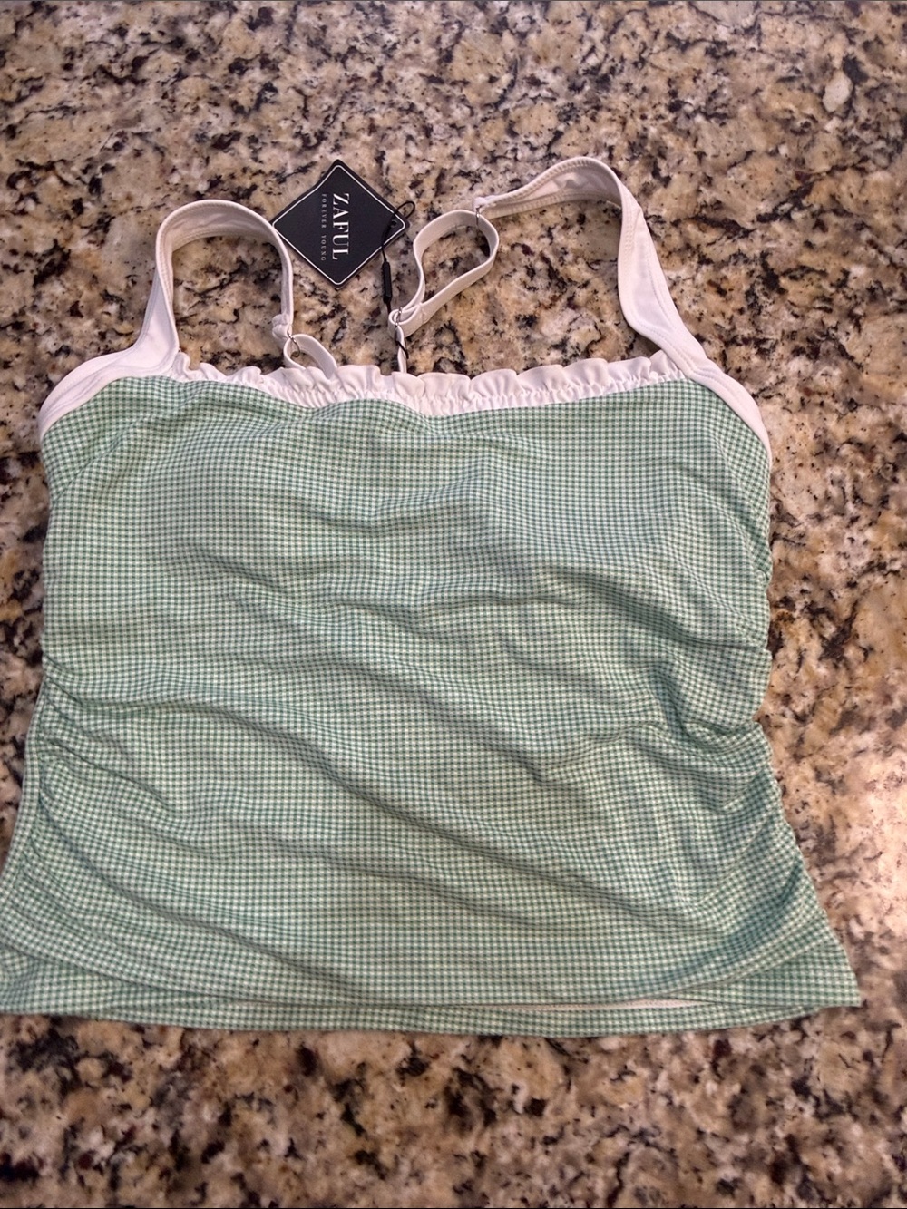 Zaful Green and White Gingham Ruffle Bikini Cami Top